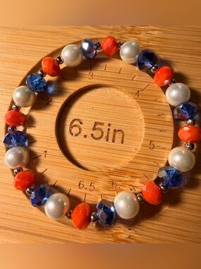 Faceted Orange & Blue Beaded Stretch Bracelet with Pearl Accents